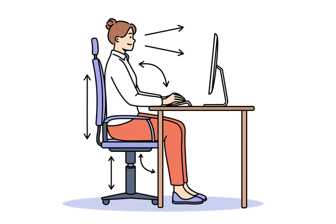 Woman demonstrates correct posture for working with computer and sitting with straight back at table  Illustration