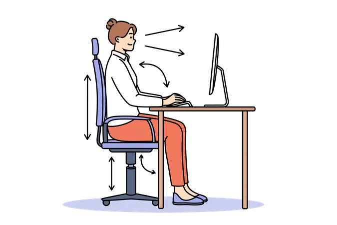 Woman Demonstrates Correct Posture For Working With Computer Sitting With Straight Back At Table With Monitor Girl Follows Rules Of Posture Typing On PC Using Ergonomic Adjustable Chair 일러스트레이션