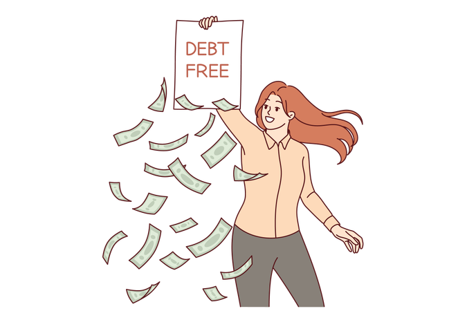 Woman demonstrates debt free inscription on contract rejoicing at fulfillment of lender  Illustration