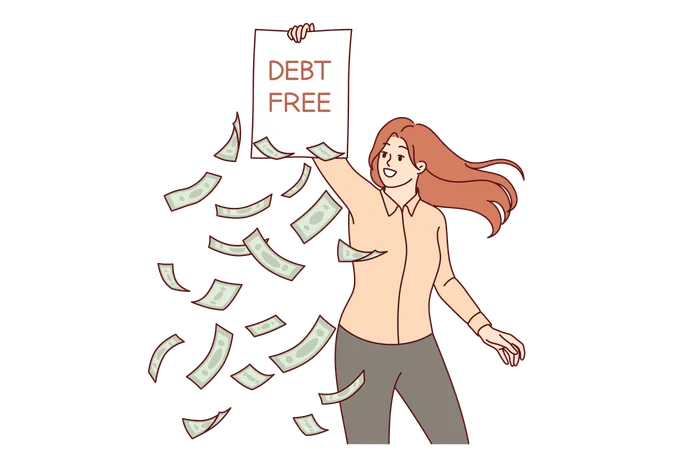 Woman demonstrates debt free inscription on contract rejoicing at fulfillment of lender  Illustration