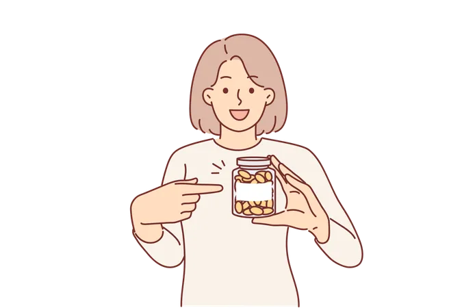 Woman demonstrates jar omega-3 vitamins  Illustration