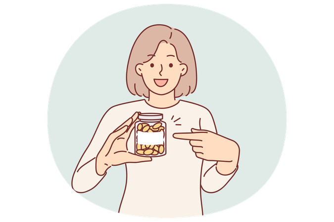 Woman demonstrates jar omega-3 vitamins or fish oil designed to improve health and immunity  Illustration