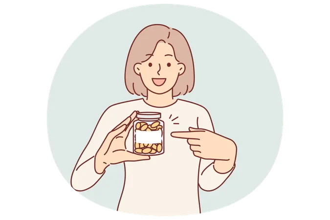 Woman demonstrates jar omega-3 vitamins or fish oil designed to improve health and immunity  Illustration
