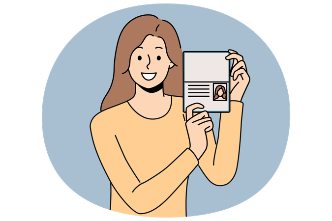 Woman demonstrates passport while rejoicing at receiving new citizenship  Illustration