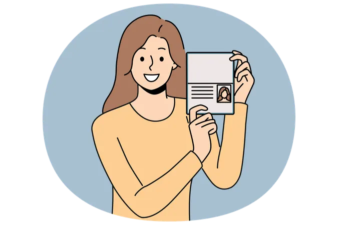 Woman demonstrates passport while rejoicing at receiving new citizenship  Illustration