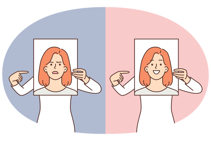 Woman demonstrates poster with positive and negative emotions to compare mood before and after  Illustration
