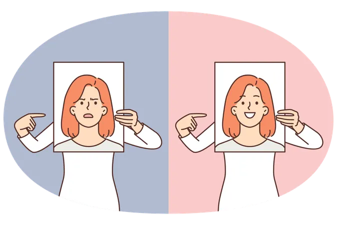 Woman demonstrates poster with positive and negative emotions to compare mood before and after  Illustration
