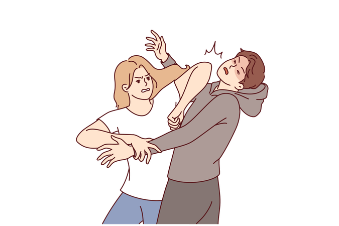 Woman demonstrates self-defense technique by striking man in face pretending to be maniac  Illustration