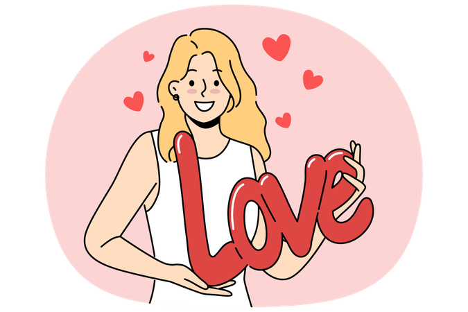 Woman demonstrates word love form of balloon, congratulating you on  or  Illustration