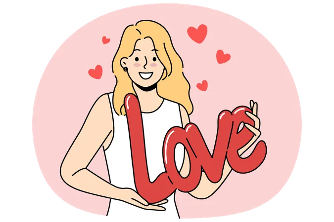 Woman demonstrates word love form of balloon, congratulating you on  or  Illustration