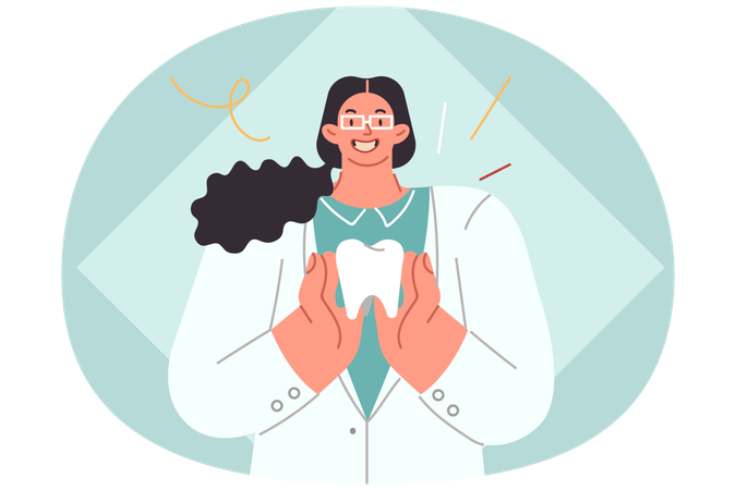 Woman dentist demonstrates large human tooth calling for attention to oral diseases  Illustration
