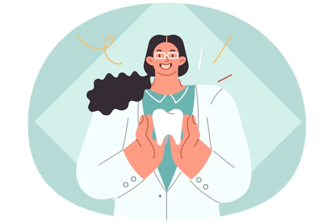 Woman dentist demonstrates large human tooth calling for attention to oral diseases  Illustration