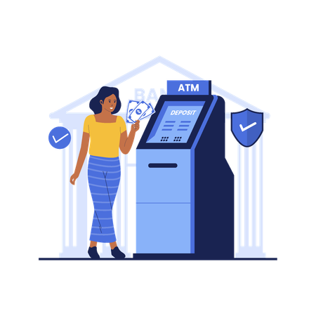 Woman depositing cash in atm machine  イラスト