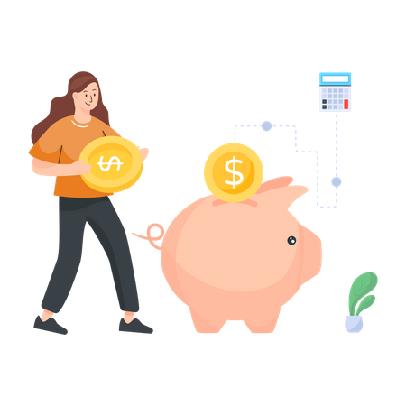 Woman depositing money in piggy bank Illustration