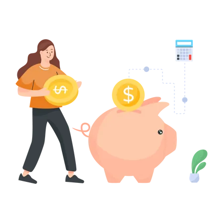 Woman depositing money in piggy bank  Illustration