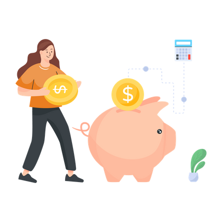 Woman depositing money in piggy bank  Illustration