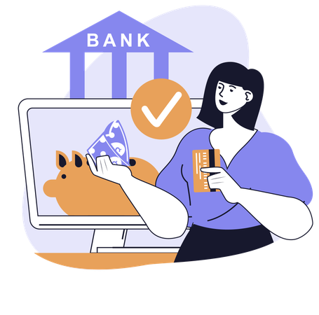 Woman deposits money in bank account  Illustration