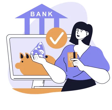 Woman deposits money in bank account  Illustration