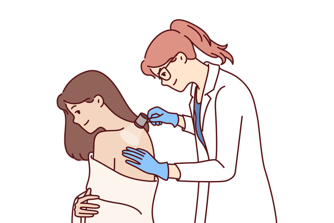 Woman dermatologist examines skin on patient back to help get rid of rash  イラスト