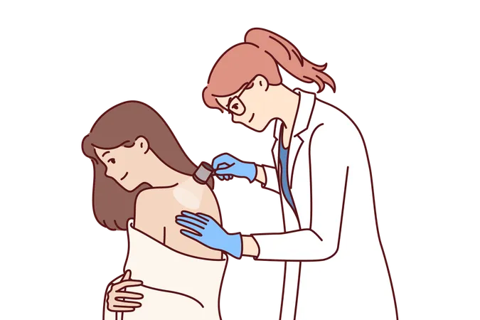 Woman dermatologist examines skin on patient back to help get rid of rash  イラスト