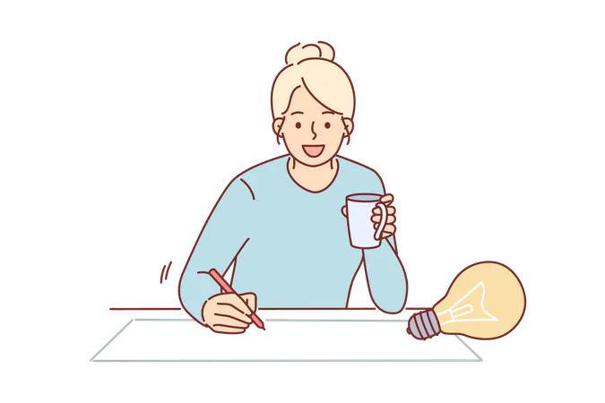 Woman Designer Draws Idea For Architectural Project On Paper Sitting At Table With Cup Of Coffee In Hands Inspired Girl Designer Creates Action Plan Or Sketch Of Advertising Poster Illustration