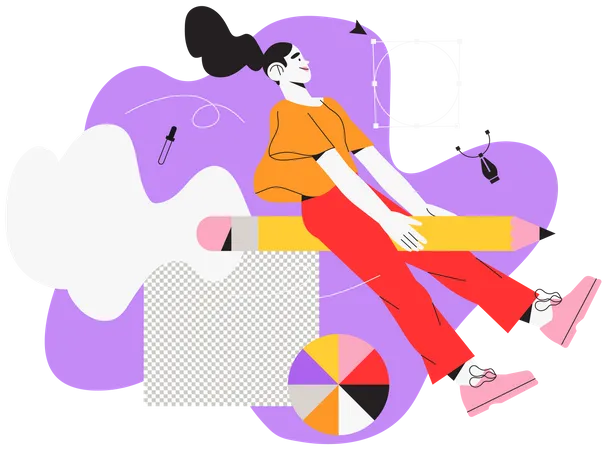 Woman designer flying on pencil  Illustration