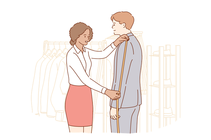 Woman designer measuring sleeve jacket with tape for businessman  イラスト