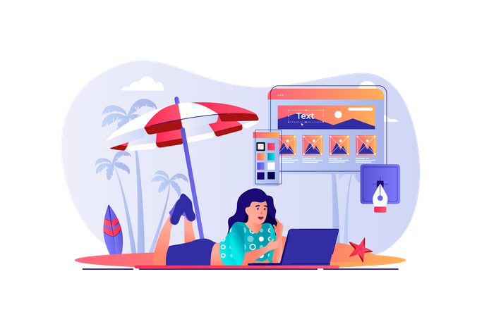 Woman designer working at laptop and lying at beach by sea Illustration