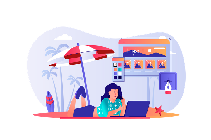 Woman designer working at laptop and lying at beach by sea  Illustration