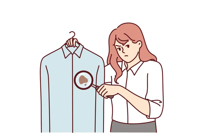 Woman Detective Holds Shirt With Blood Stain And Looks At Screen In Confusion Using Magnifying Glass To Investigate Crime Smart Girl Detective Found Evidence On Clothes Of Killer Or Monk Illustration
