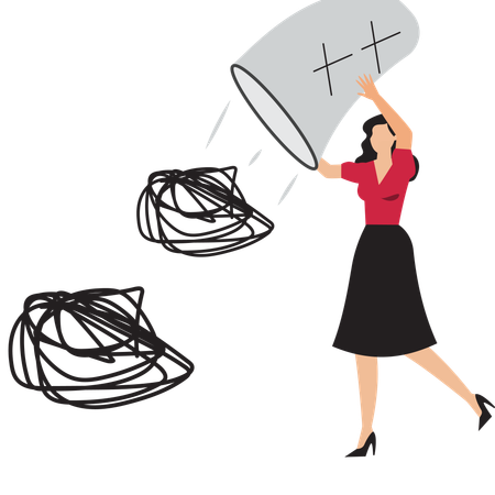 Woman discarding a tangled mess of problems  Illustration