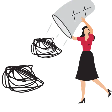 Woman discarding a tangled mess of problems  Illustration