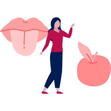 Woman discuss taste apple with tongue  Illustration