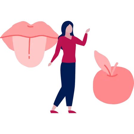 Woman discuss taste apple with tongue  Illustration