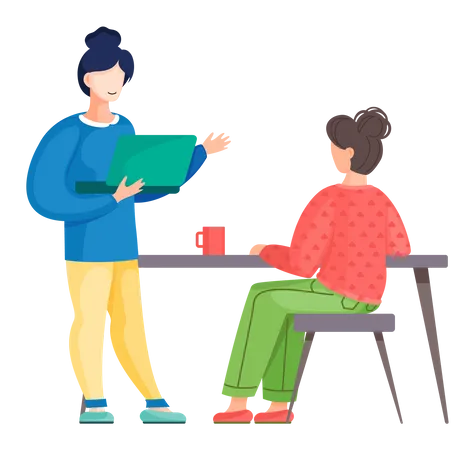 Woman discussing workflow with colleagues  Illustration
