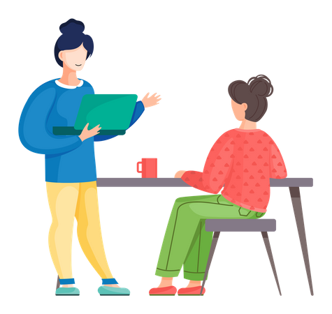 Woman discussing workflow with colleagues  Illustration