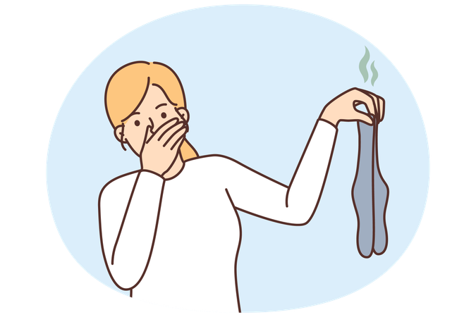 Woman disgusted with smelly dirty socks  Illustration