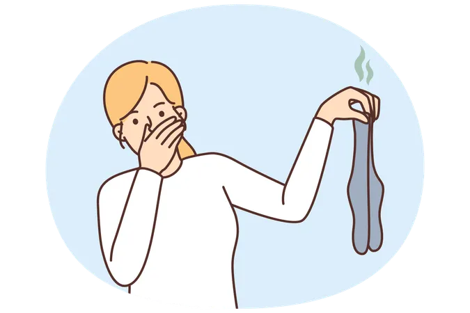 Woman disgusted with smelly dirty socks  Illustration