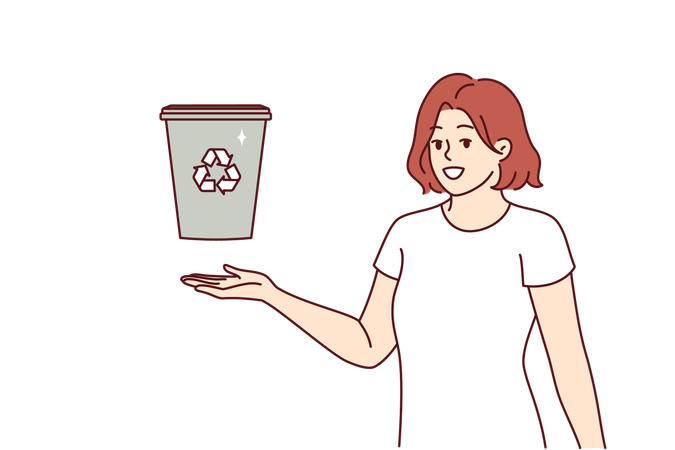 Woman displays trash can with recycling sign and calls for sorting garbage to take care of environment  イラスト