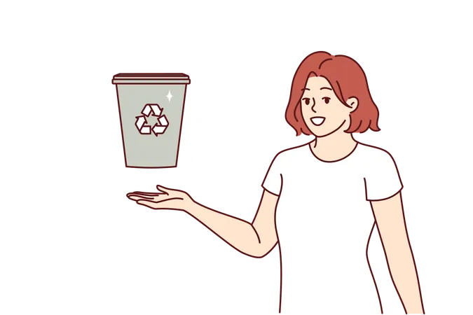 Woman displays trash can with recycling sign and calls for sorting garbage to take care of environment  Illustration