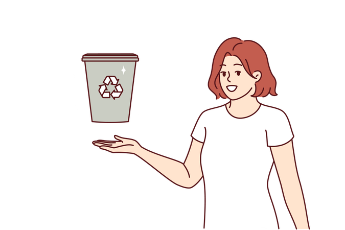 Woman displays trash can with recycling sign and calls for sorting garbage to take care of environment  Illustration