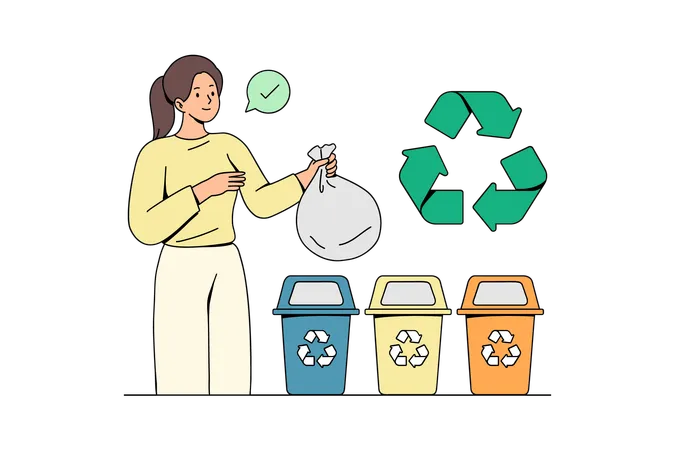 Woman disposing waste into proper bin  Illustration