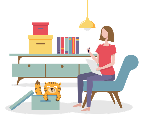 Woman distracted by cat while work from home  Illustration