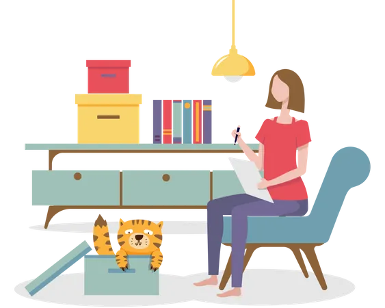 Woman distracted by cat while work from home  Illustration