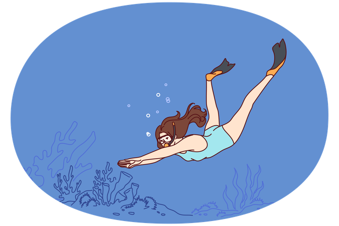 Woman diver swims underwater enjoying beauty of ocean floor covered with algae  Illustration