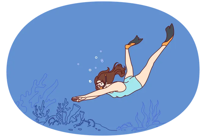 Woman diver swims underwater enjoying beauty of ocean floor covered with algae  Illustration