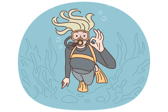 Woman diver swims underwater in scuba gear and goggles showing OK gesture exploring underwater world  Illustration