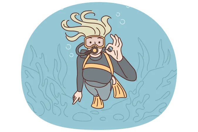 Woman diver swims underwater in scuba gear and goggles showing OK gesture exploring underwater world  Illustration
