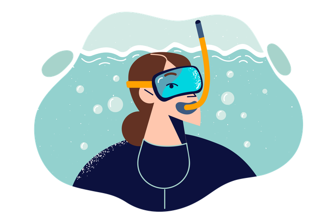 Woman diving using goggles and snorkel to swim underwater and explore marine flora and fauna  Illustration