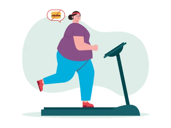 Woman do exercise on treadmill while avoiding fast food Illustration